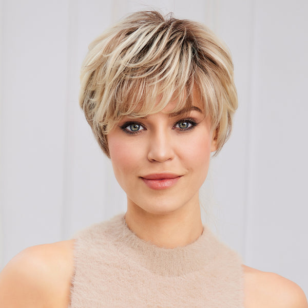 TOPSHE 4*1 Lace Front Short Straight Pixie Cut With Bangs Light Blonde Color Wear&Go Wigs For Women